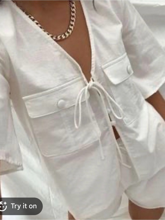 Sabo Skirt Tops - Sabo Skirt White linen blend blouse front tie detail and flap pockets size XS